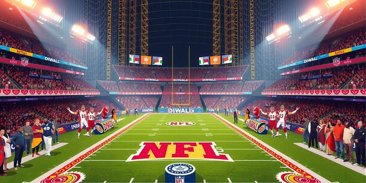 NFL India Epic Battle Festive Event NFL India Epic Battle Diwali event showing festively decorated stadium with players in special traditional uniforms